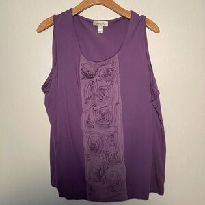 Dressbarn Womens Tank Top Size 1X Purple Cotton Boxy Flowers Artsy Layers‎ Basic